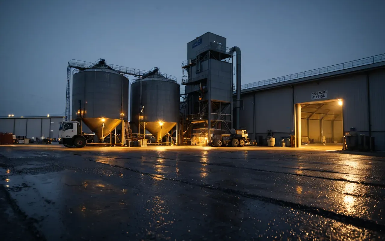 A wide angle view of an industrial concrete batching facility at dusk with warm interior lighting and a large mixing drum in the foreground on wet asphalt.