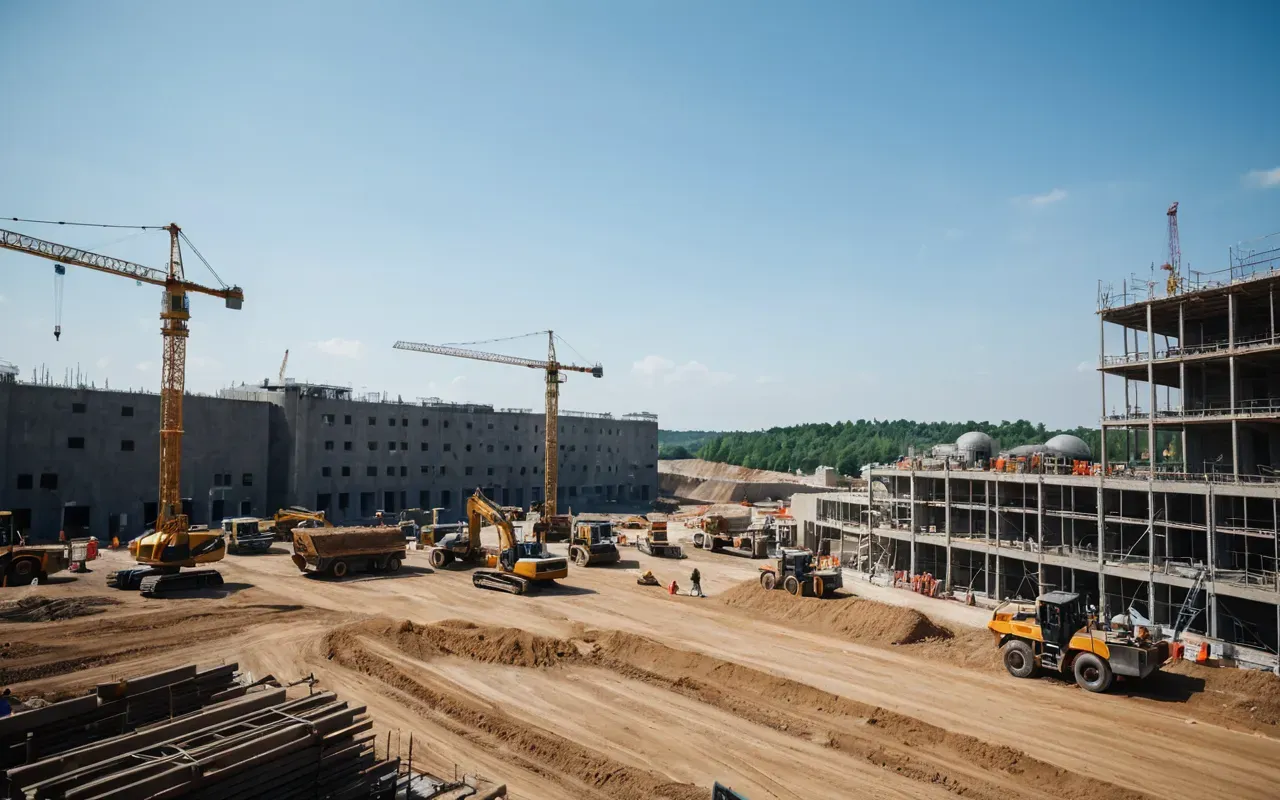 A wide shot of a busy construction site with cranes and workers in hard hats. The sky is clear blue, and the focus is on organized activity around large concrete structures.