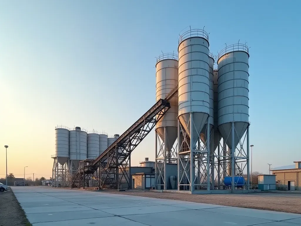 A wide shot of a modern concrete mixing facility at golden hour. Large cylindrical cement silos stand tall against a clear blue sky. Paved ground surrounds the base with clean drainage channels. Warm sunlight casts long geometric shadows across the concrete surface. No signage or people present.