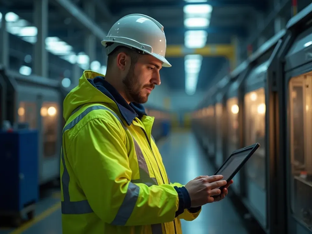 A worker in high visibility clothing using a digital tablet near large industrial machinery inside a clean well-lit factory floor with warm lighting and no visible text on any equipment or walls.