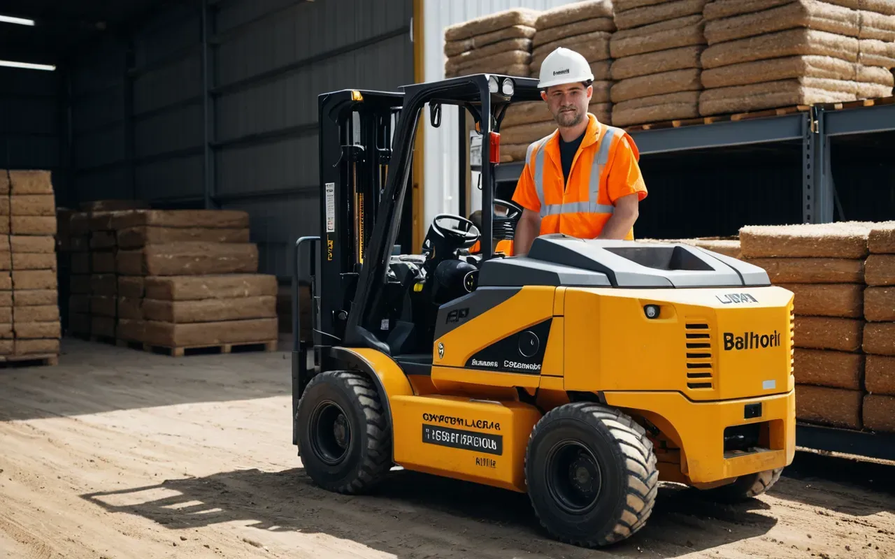 A worker in high-visibility safety gear standing next to a small electric compact loader. The scene is set on an organized job site with stacked materials visible in the background under bright natural daylight.