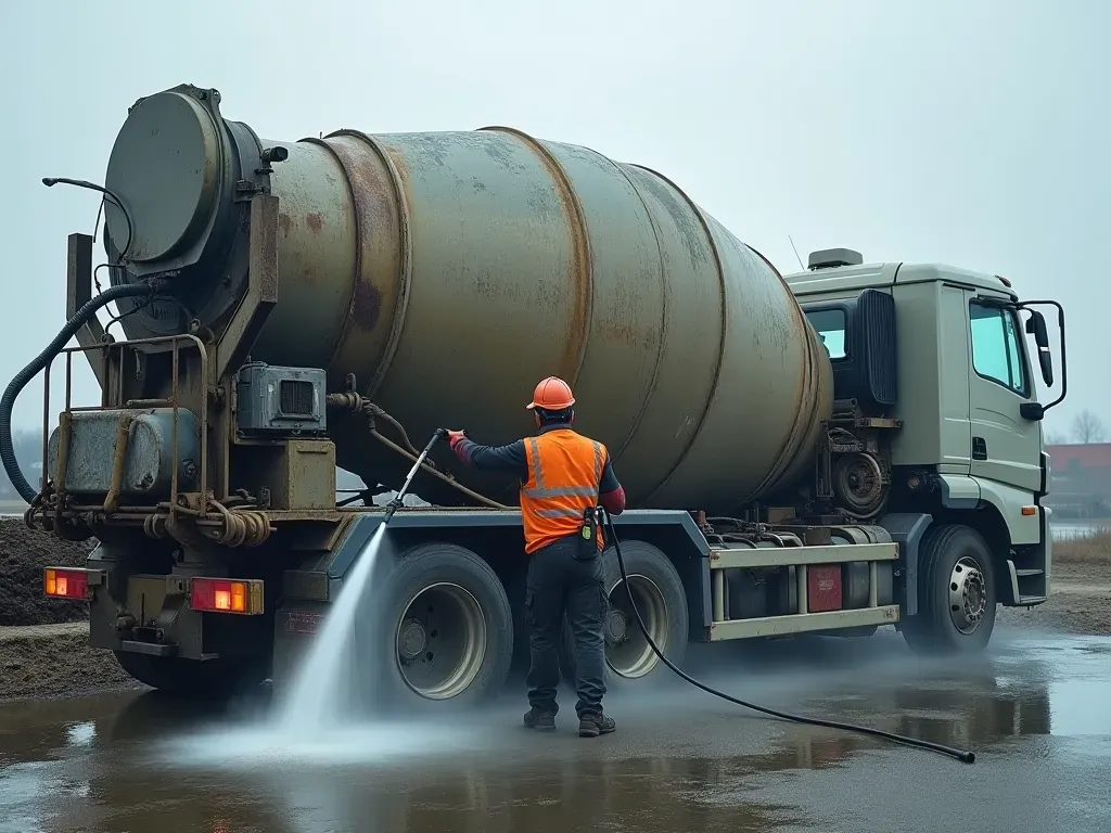 A worker using a pressure washer to clean a large industrial concrete mixer drum in an outdoor yard, water spray visible, overcast sky background