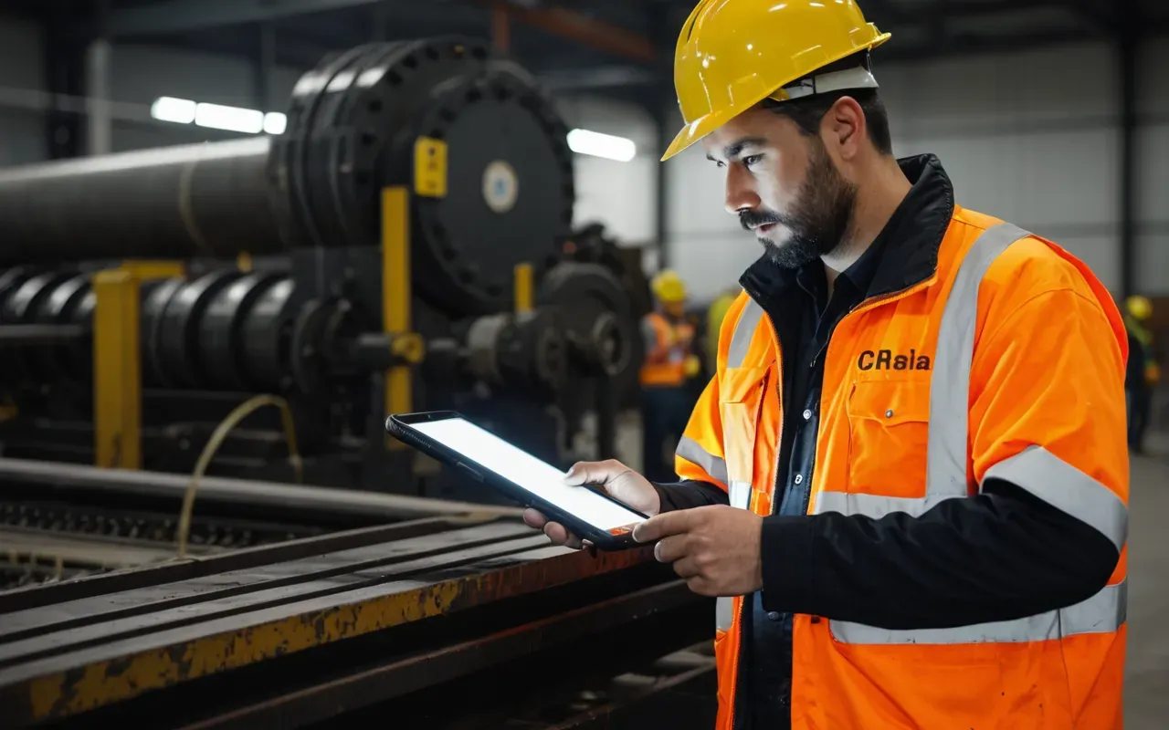 safety inspection scene A worker wearing high-visibility safety gear and a hard hat inspecting industrial machinery with a flashlight in a dimly lit warehouse environment