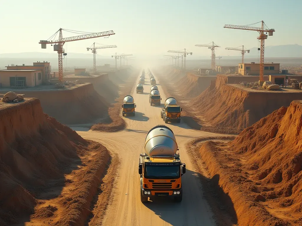 Aerial view of a busy construction site with concrete trucks moving along a dirt road and cranes lifting materials in the distance