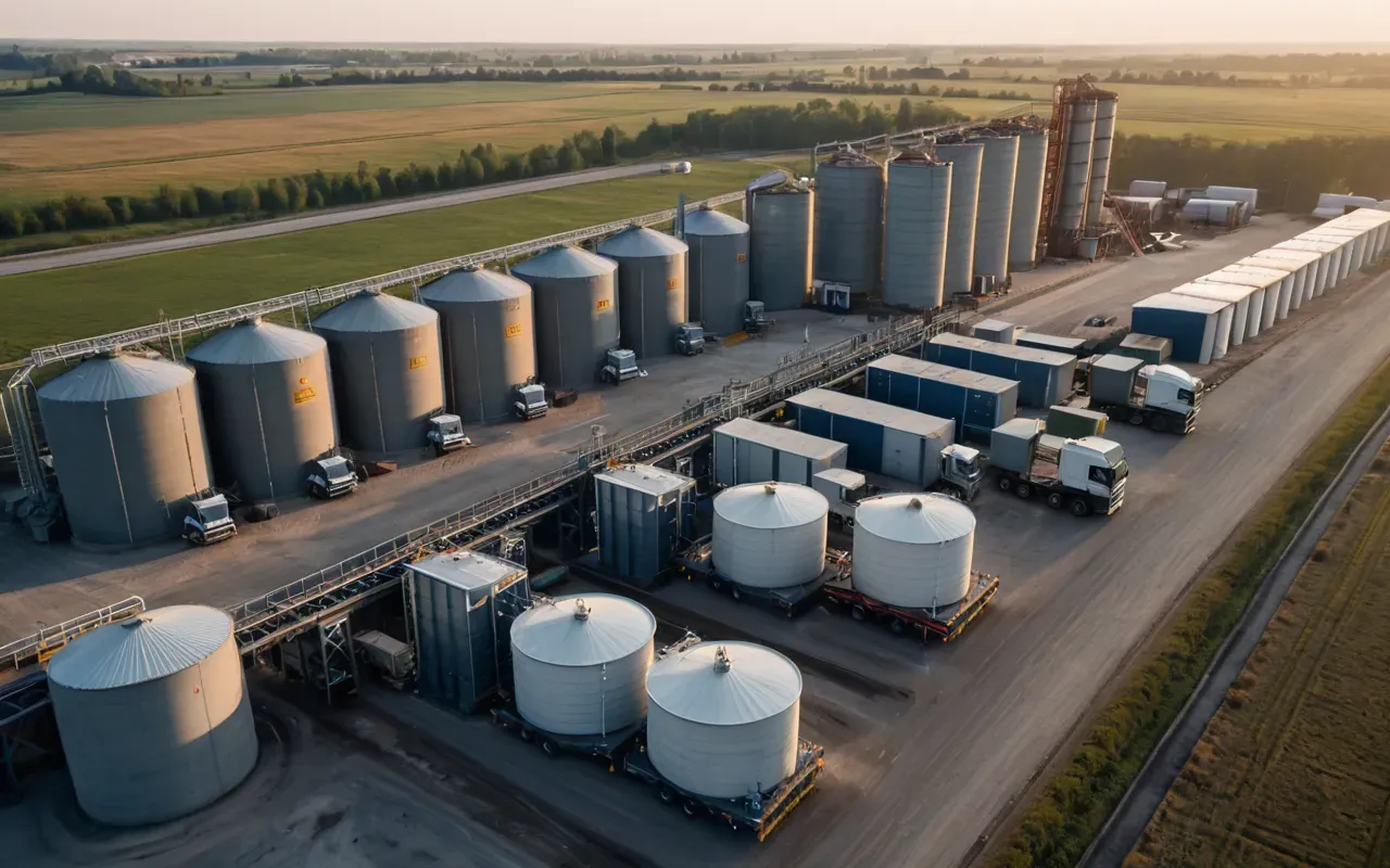 ready mix facility aerial Aerial view of a modern industrial concrete batching plant with silos and mixing drums at dawn, trucks lined up in an organized queue, soft morning light casting long shadows on the gravel yard