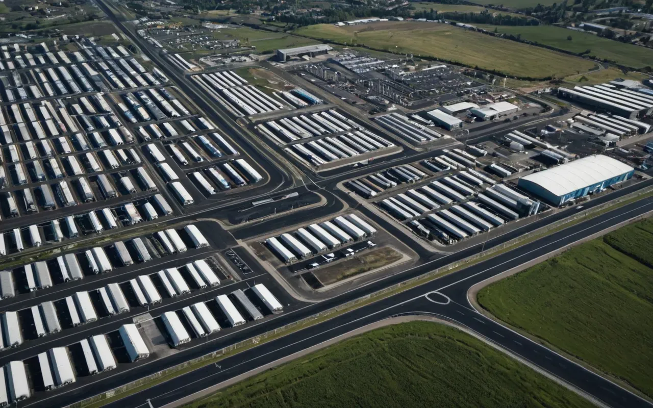 logistics network An aerial drone shot showing a network of roads connecting multiple industrial facilities in a suburban area. Several large warehouses and silo structures are visible interspersed with green spaces and parking lots filled with heavy vehicles. The composition emphasizes connectivity and logistical flow between sites under bright midday lighting.
