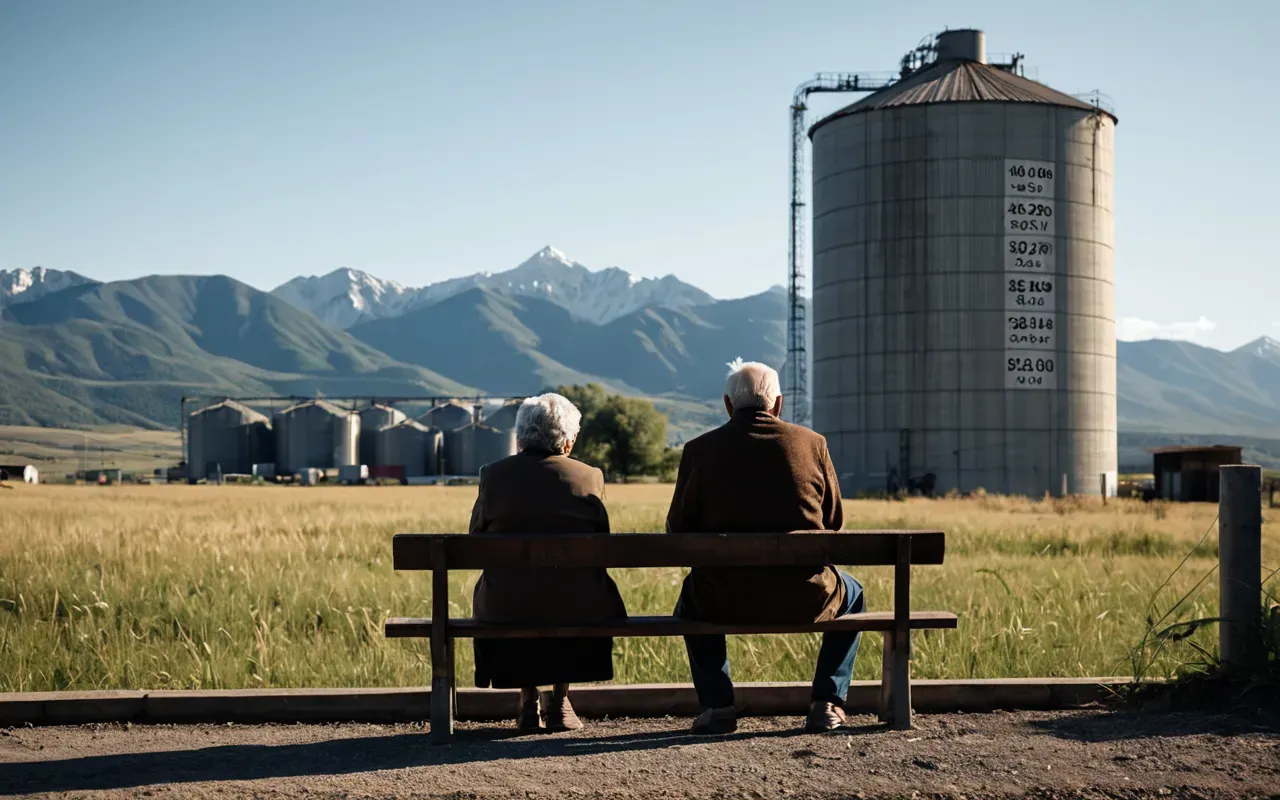 An elderly couple sitting on a porch looking worried at a large industrial silo in the distance with mountains behind it.