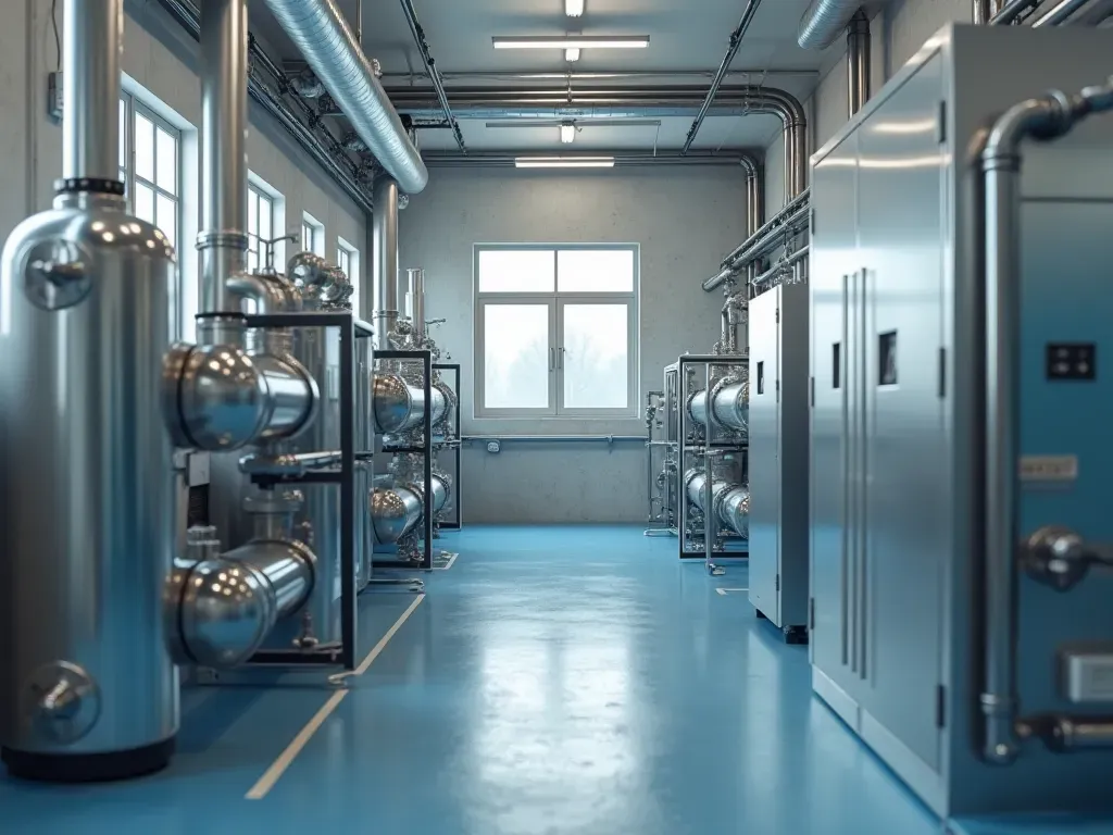Clean editorial shot of water recycling system components at a concrete facility with stainless steel pipes and filters, bright neutral background, no text