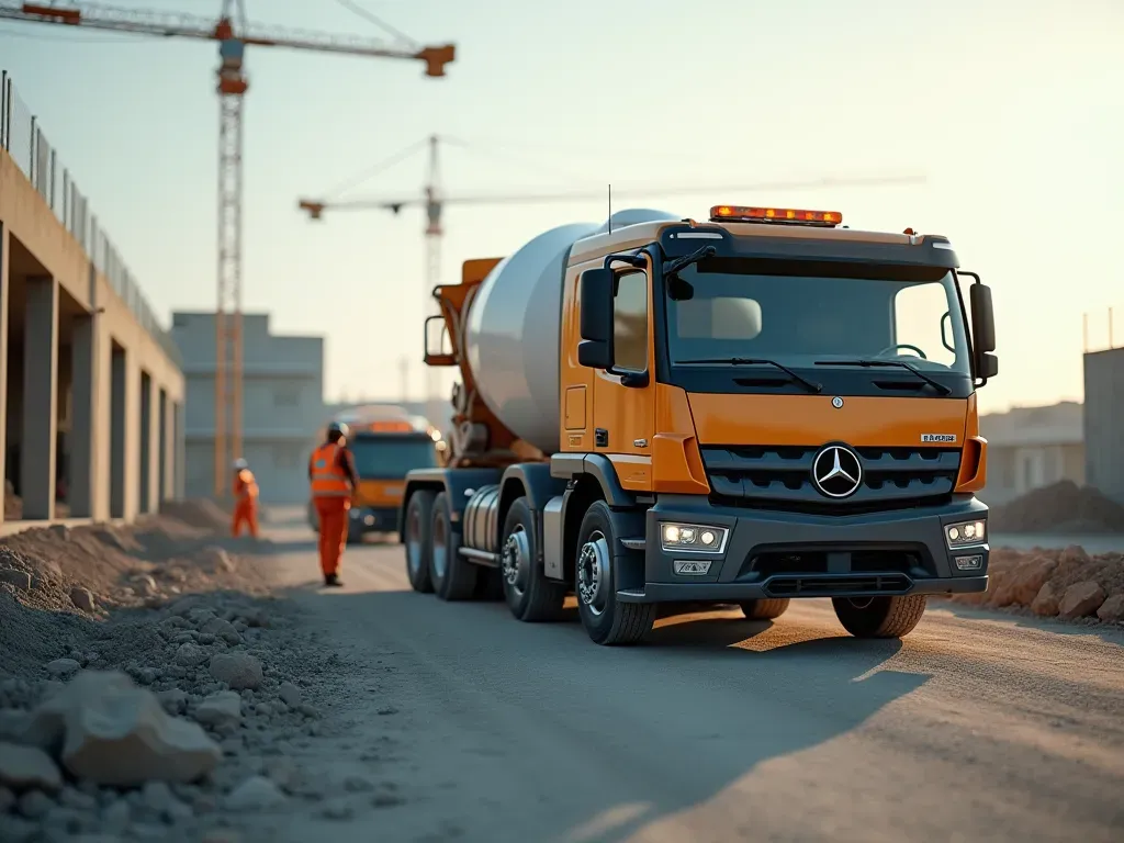 Close-up of a concrete mixer truck delivering on a clean construction site with workers in safety gear, shallow depth of field, realistic lighting, no text