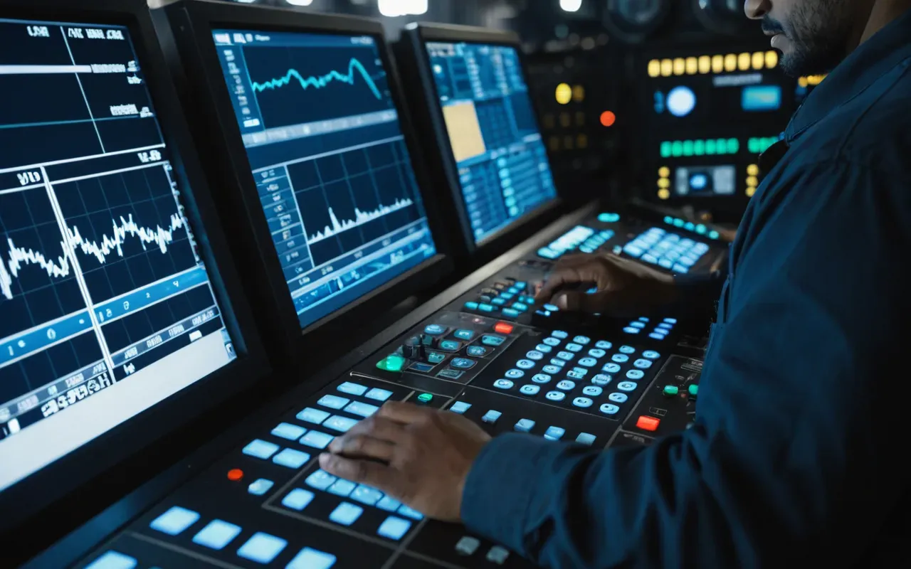 control room automation Close-up of a control room operator adjusting digital dials and monitors in a dimly lit industrial setting, focus on the hands and screens with soft blue LED lighting reflecting off polished metal surfaces