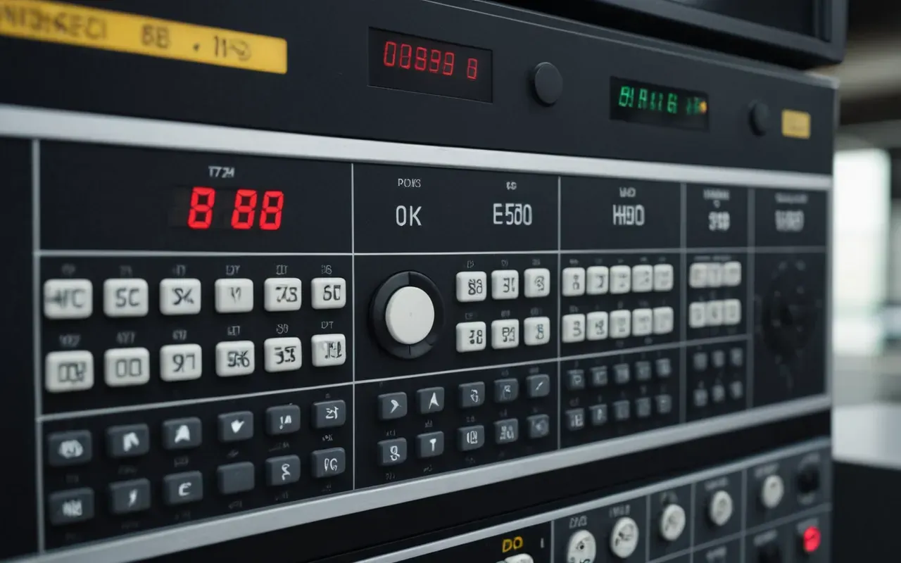 Close-up of a digital control panel with illuminated buttons and a small screen displaying numerical data in a clean industrial setting with soft focus background.