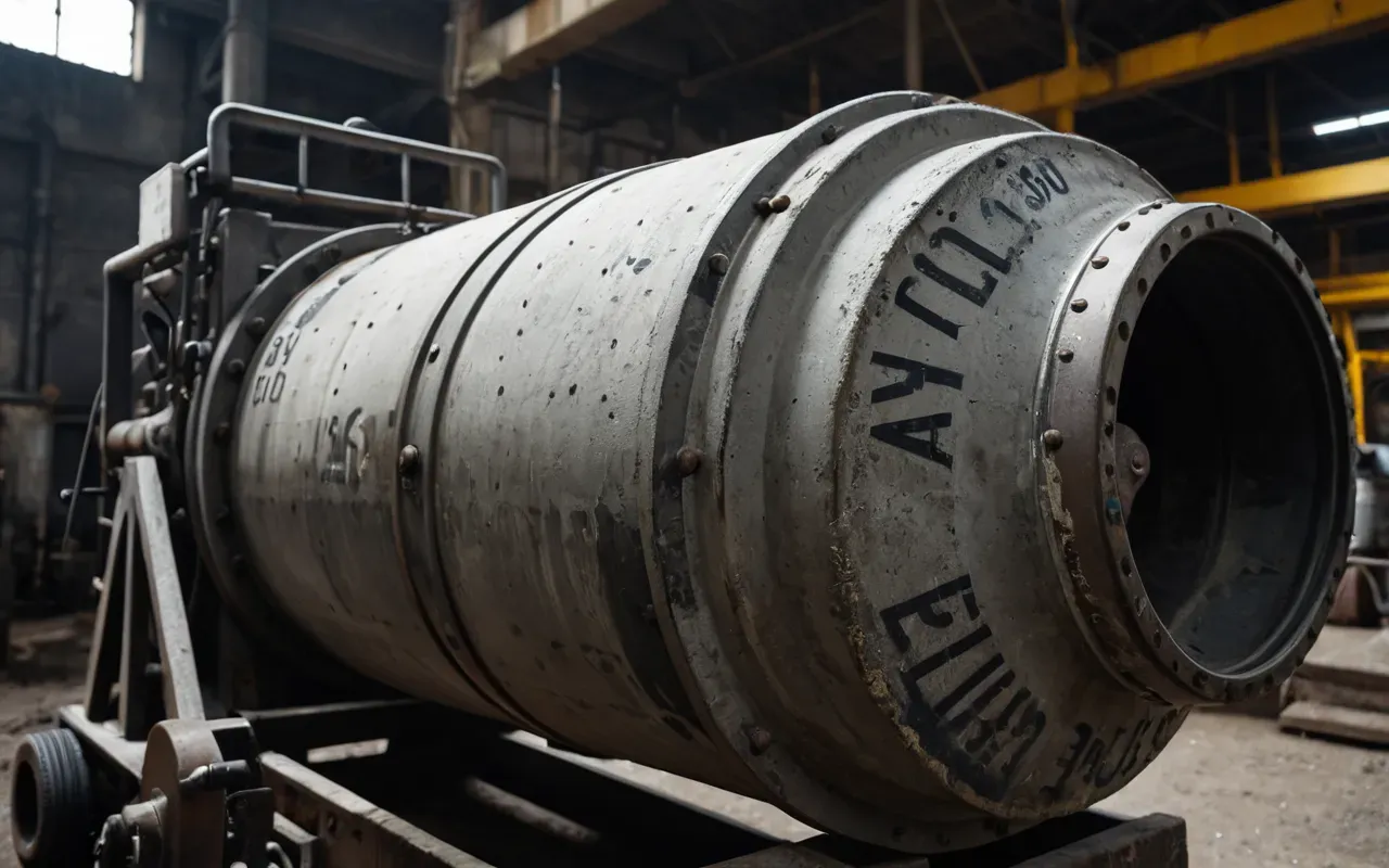 Close-up of a heavy-duty concrete mixer drum with hydraulic components visible under harsh industrial lighting showing signs of wear and maintenance effort.
