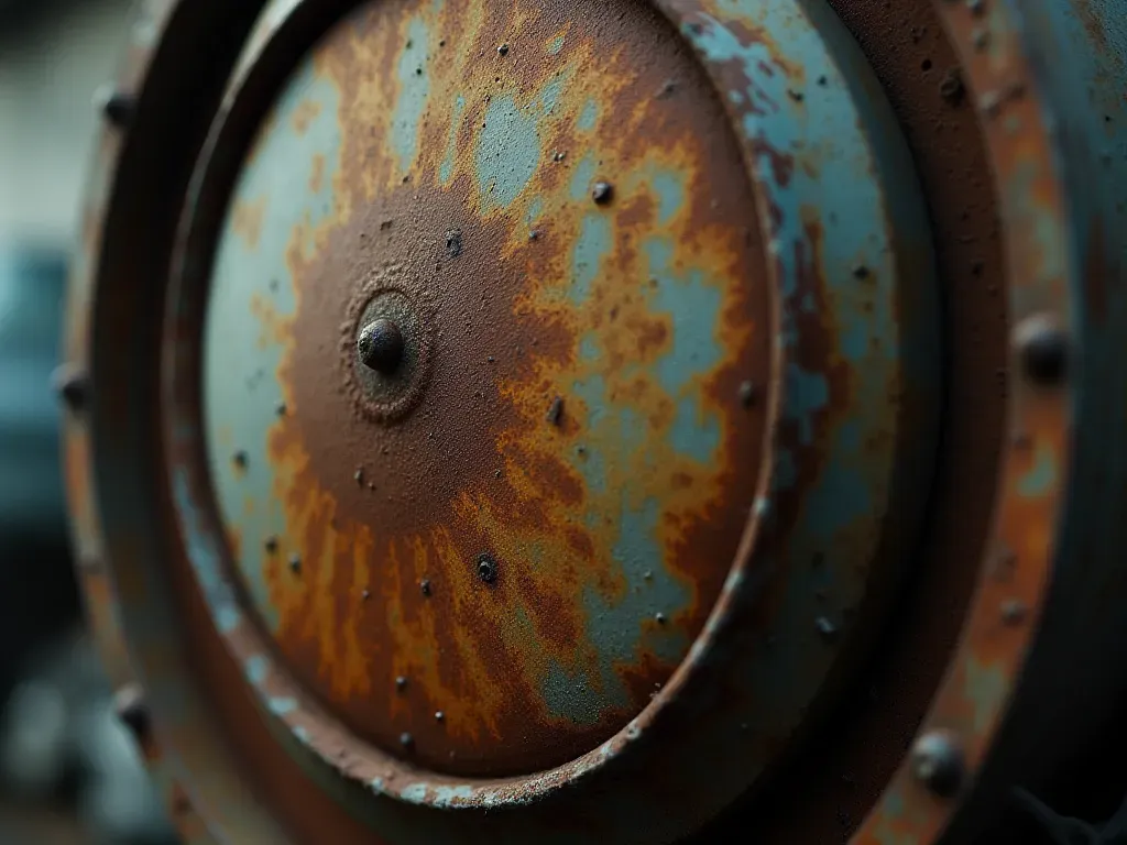 Close-up of a worn concrete mixer drum with visible rust spots and grease stains under harsh industrial lighting, realistic texture detail