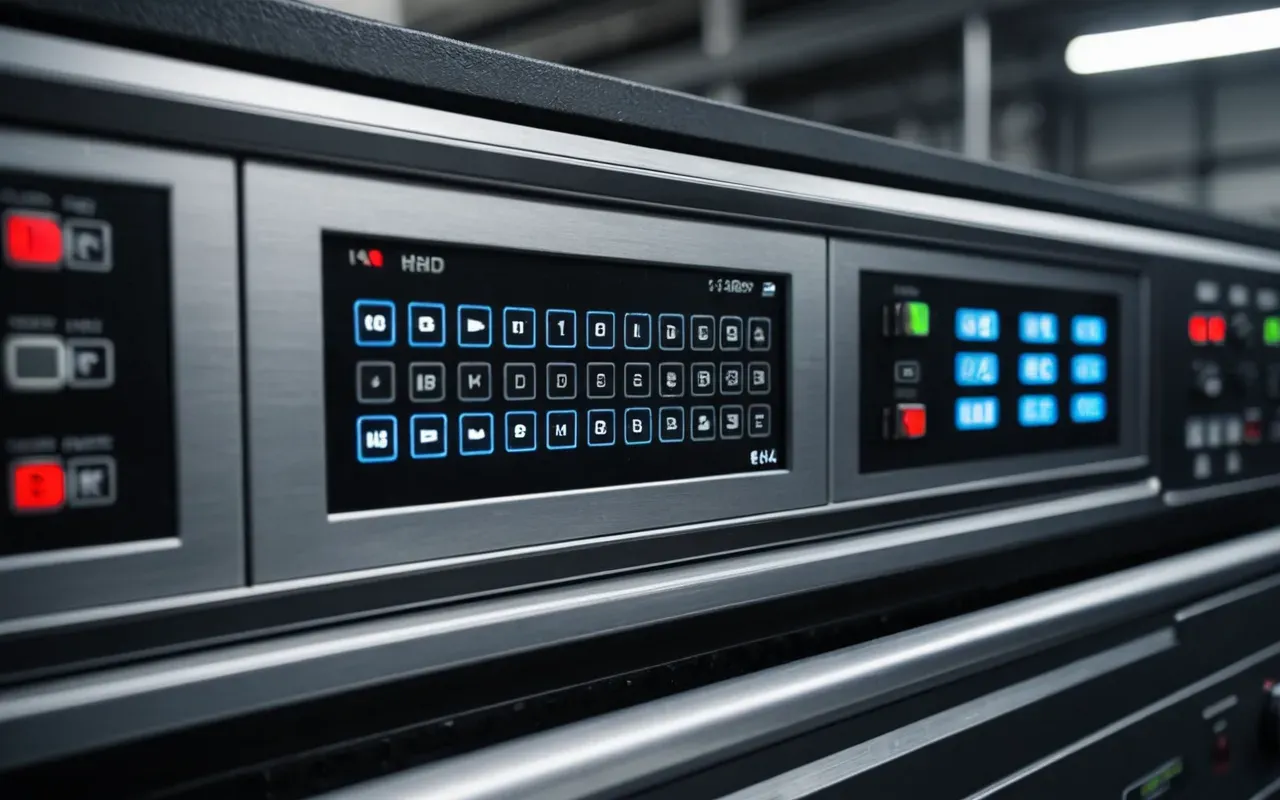 batching plant control interface Close up view of a digital control panel with glowing buttons and screens inside an industrial machine room, bright artificial lighting, clean metallic surfaces, no visible text or labels