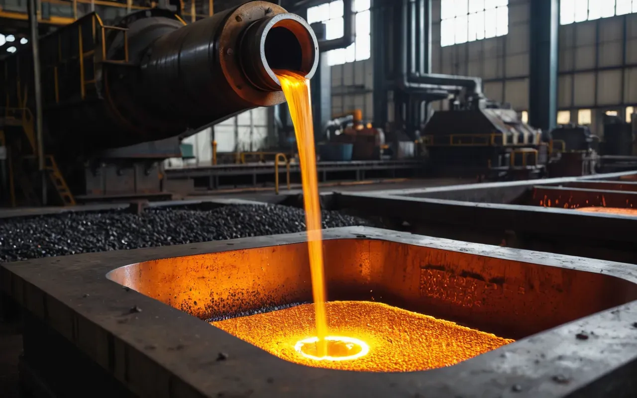 Close up view of a steel manufacturing plant interior with glowing orange molten metal being poured into molds. Heavy industrial machinery surrounds the area in dim lighting.