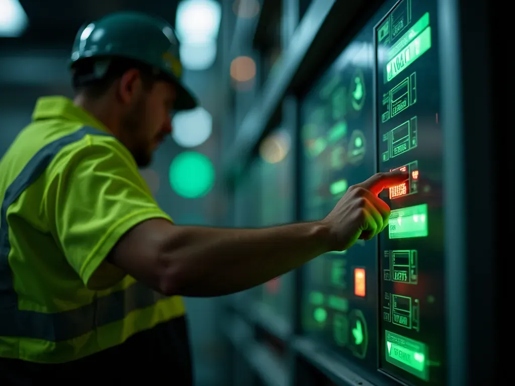 Close up view of a worker in high visibility vest operating a digital control panel with green indicator lights glowing softly