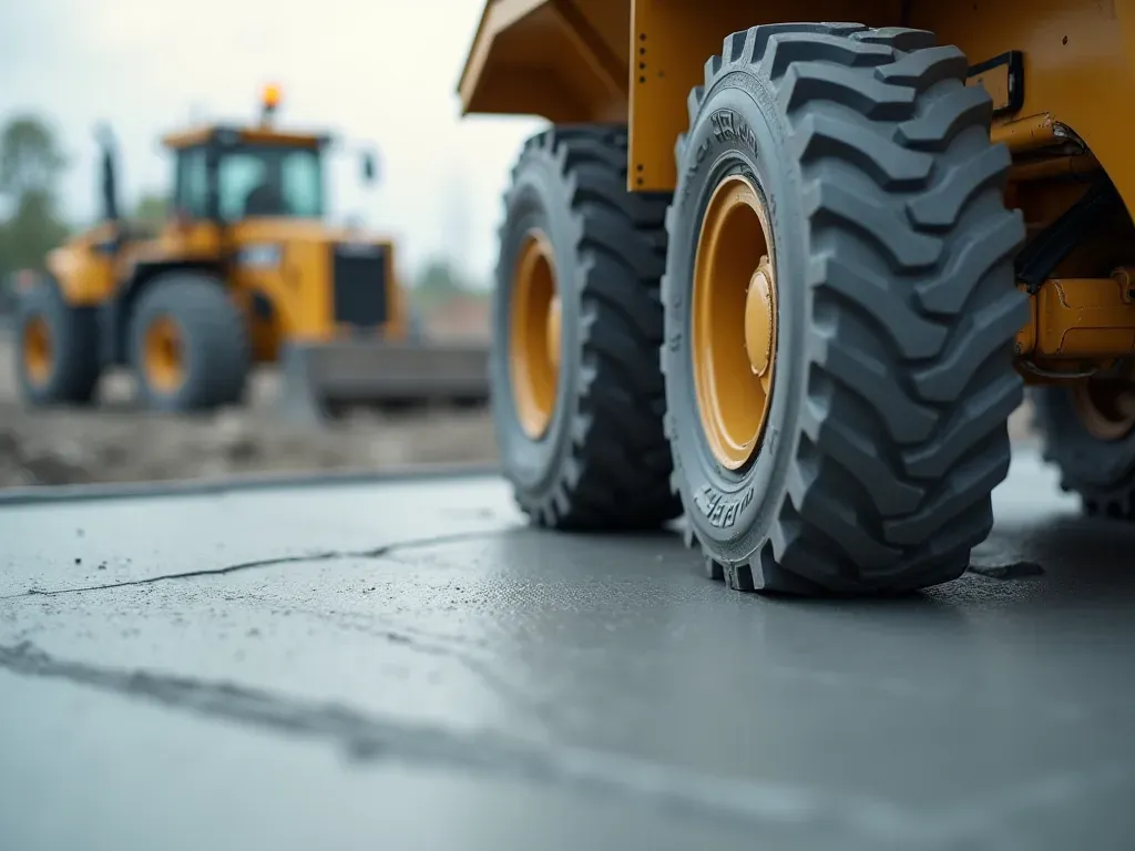 construction site operations Close-up view of heavy-duty construction equipment wheels resting on freshly poured smooth gray concrete surface with blurred background showing ongoing building activity under natural daylight conditions emphasizing texture details.