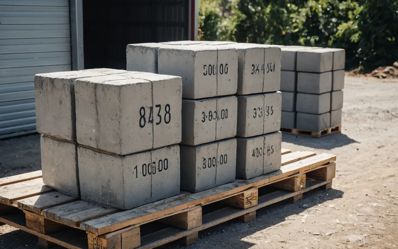 Editorial photograph of a stack of concrete blocks and bags of cement on a wooden pallet in an outdoor storage area with natural daylight.