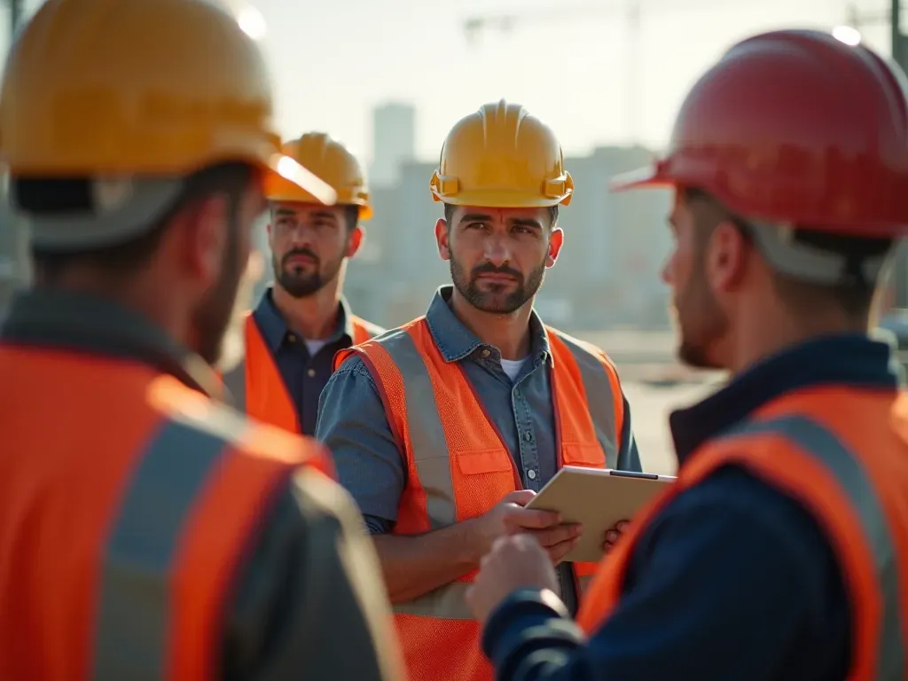 Group of construction workers in hard hats gathered around a supervisor holding a clipboard with serious expressions under bright daylight