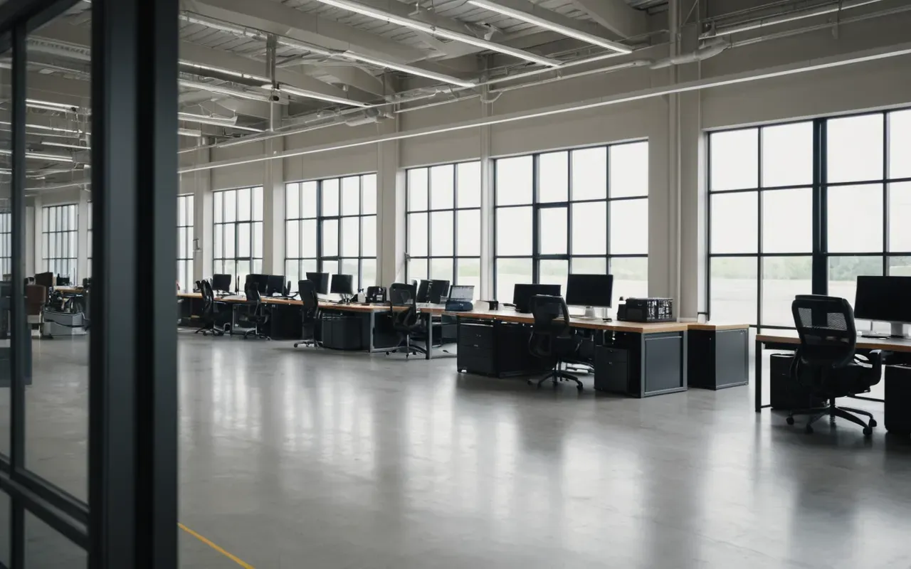 construction business management space Interior of a modern industrial office with large glass windows overlooking a manufacturing floor, neutral color palette, natural light streaming in, clean minimalist design, no text or people visible