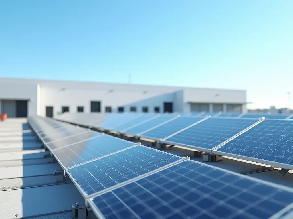 solar array construction Rows of large solar panels installed on a flat industrial roof under clear blue sky with modern warehouse building visible in background showing clean lines and contemporary design elements without any text or signs present.
