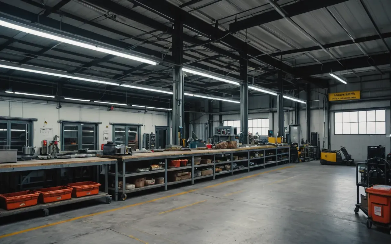 plant maintenance facility interior View from inside a clean industrial maintenance workshop with hydraulic lifts and tool racks organized on walls, bright fluorescent lighting, concrete floor, no people or text visible