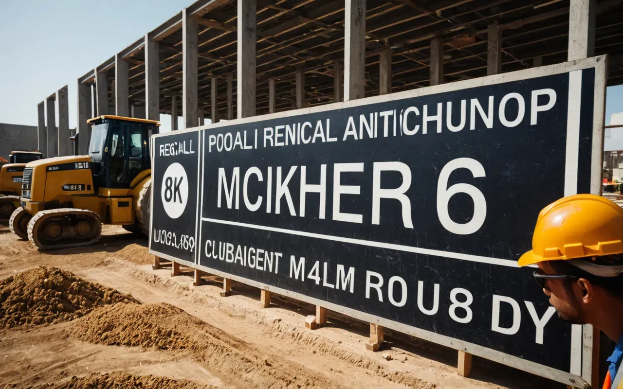 Wide angle shot of a construction site with heavy machinery and workers wearing hard hats and safety vests under bright midday sun.