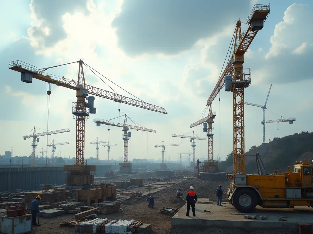 large scale construction Wide angle shot of busy construction site featuring multiple cranes lifting materials against backdrop partly cloudy sky with workers wearing hard hats visible foreground emphasizing scale activity progress being made on large infrastructure project underway.
