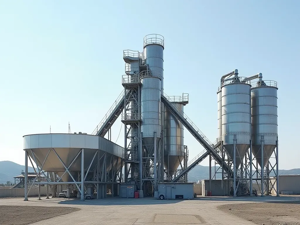 Wide editorial photograph of a modern concrete batching plant with stainless steel silos and automated control tower, bright daylight, clean industrial aesthetic, no text