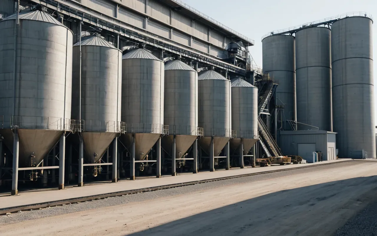 concrete batching plant exterior Wide shot of a large industrial concrete mixing facility with tall silos and conveyor belts under bright daylight, clean modern architecture, no visible people or text