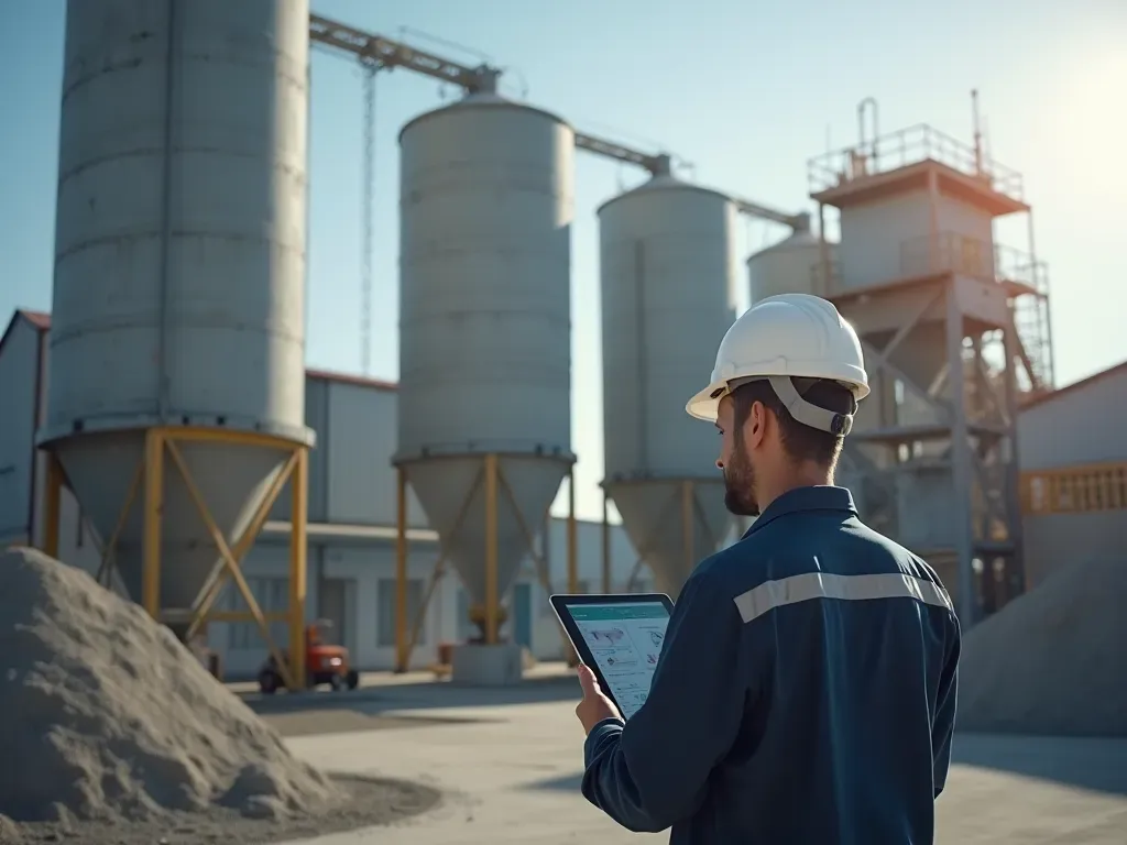 Wide shot of a modern concrete batching facility with large industrial silos in the background and a worker checking digital controls on a tablet in the foreground