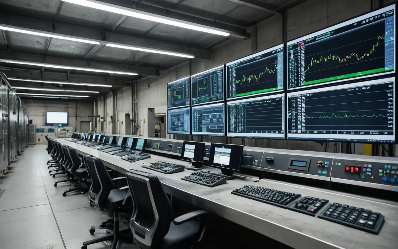Wide shot of a modern concrete plant control room with clean stainless steel surfaces and large digital monitoring screens displaying real-time data in bright daylight.