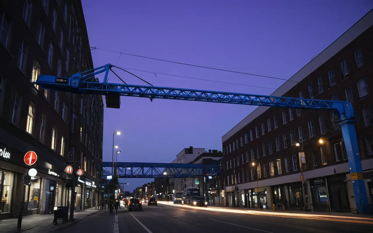 electric construction equipment A bright modern electric crane with a sleek blue finish lifting steel beams over a city street at dusk while the sky is dark purple.