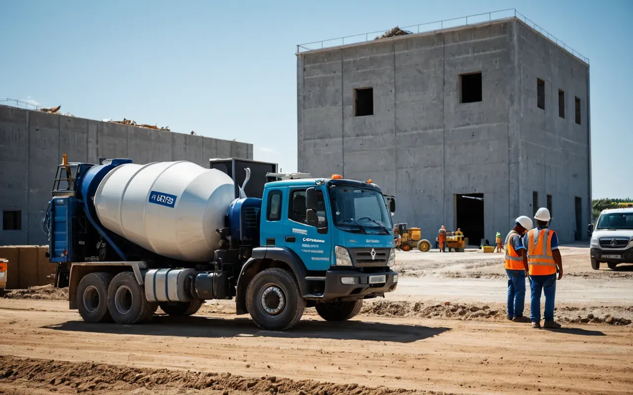 modern construction sites A clean modern construction site with a small concrete mixer and several workers in safety gear operating equipment under clear blue skies.