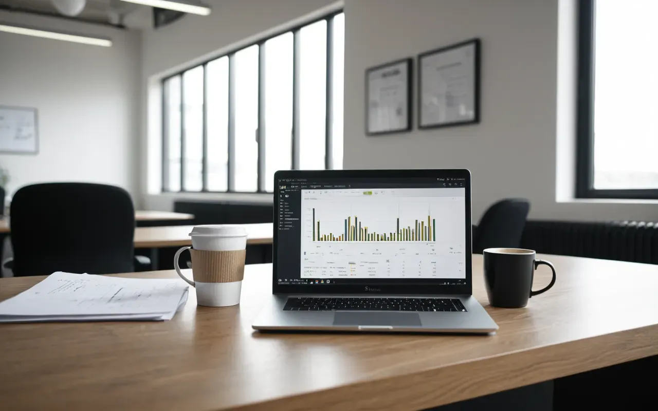 modern professional workspace A clean modern office desk with a laptop open showing abstract line graphs, a coffee cup nearby, natural light streaming through large windows, minimalist workspace arrangement