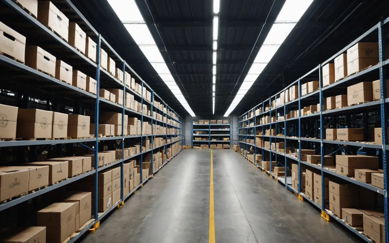A clean modern warehouse interior with neatly stacked boxes of industrial parts and tools on metal shelving units under bright overhead lighting