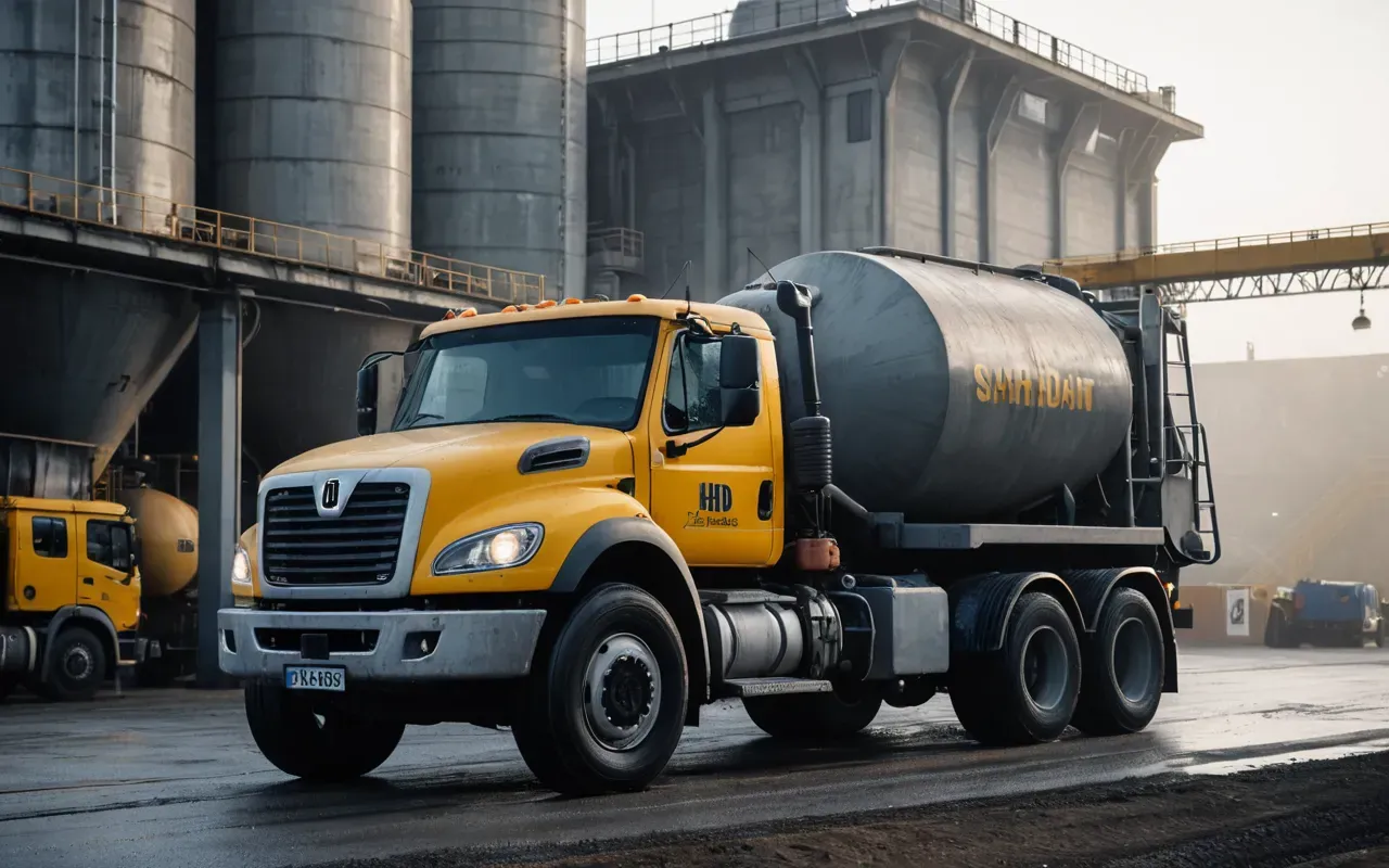 A close-up of a heavy concrete mixer truck parked next to an open batch plant loading station during early morning light. Thick mist hangs in the air and wet pavement reflects warm amber glow from nearby industrial floodlights.
