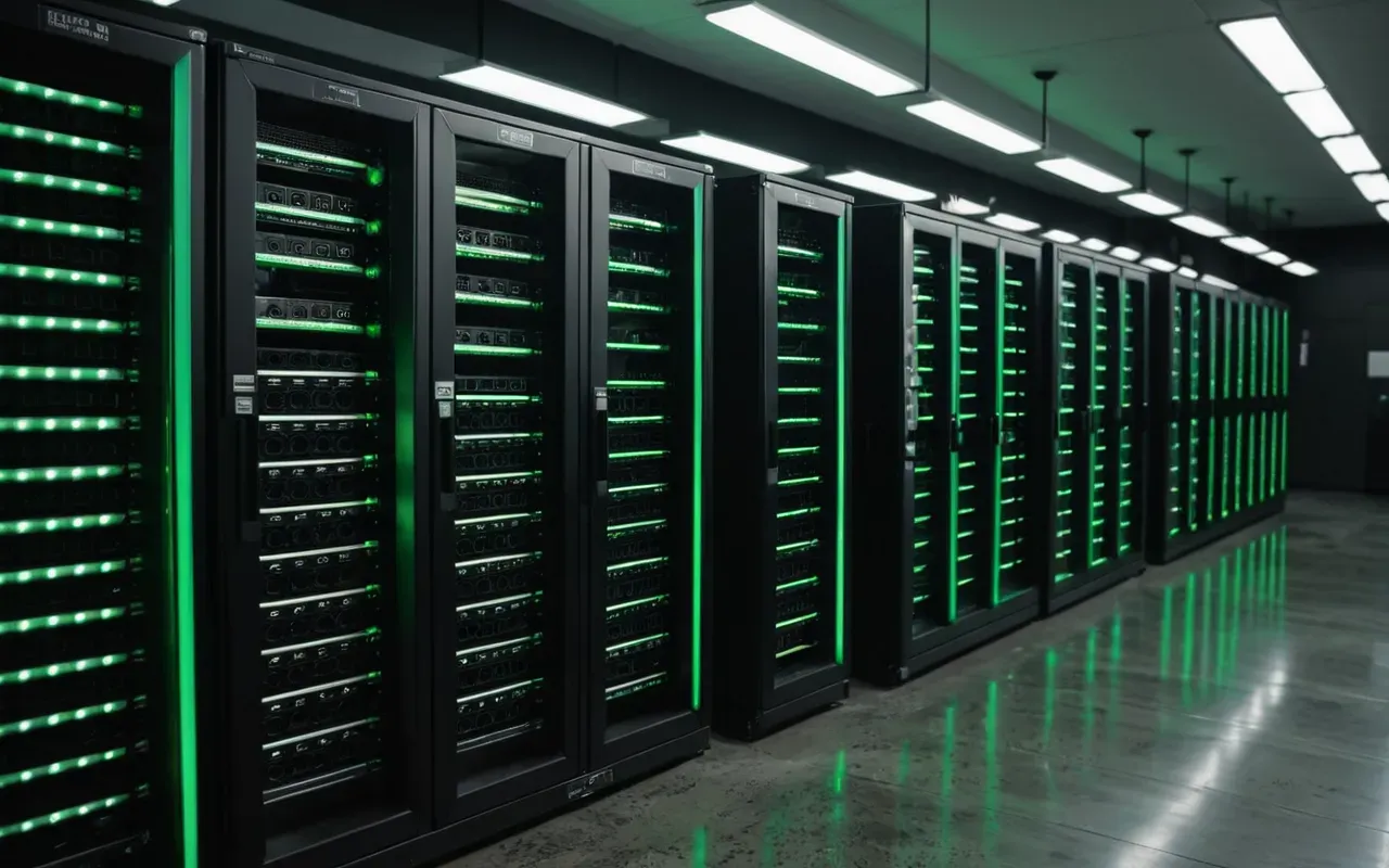 data center infrastructure A close-up of a server room with rows of black racks and blinking green lights reflecting on the polished concrete floor in low light.