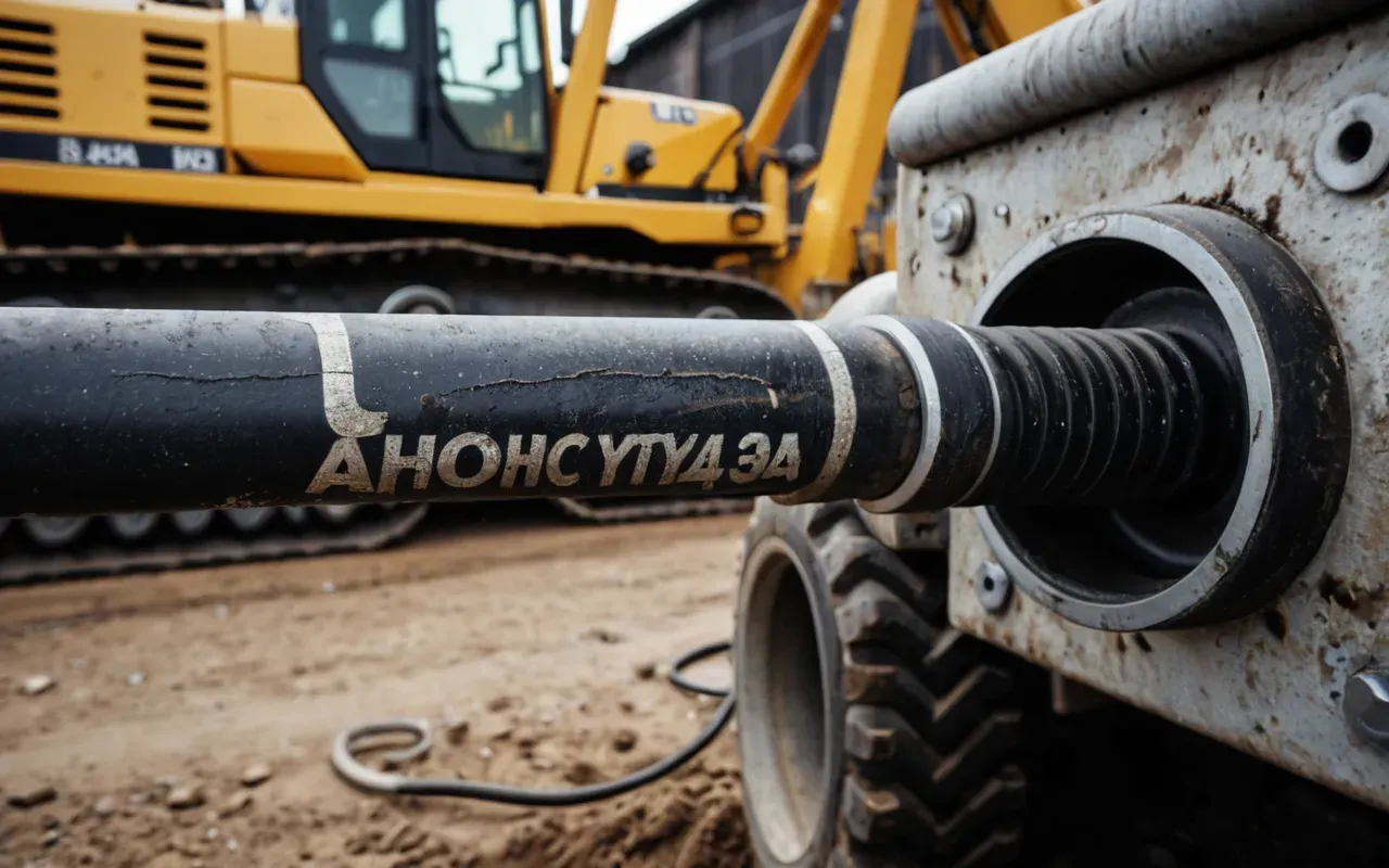 A close up of a worn hydraulic hose on a construction machine with visible cracks and dirt around the connection point.