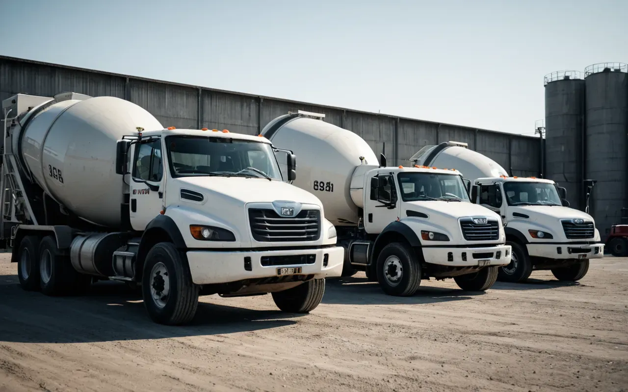 concrete delivery trucks A close-up of heavy concrete mixer trucks lined up at the entrance of an industrial facility. The vehicles are large and robust, emphasizing their scale against a paved road. The scene captures the intensity of daily logistics operations.