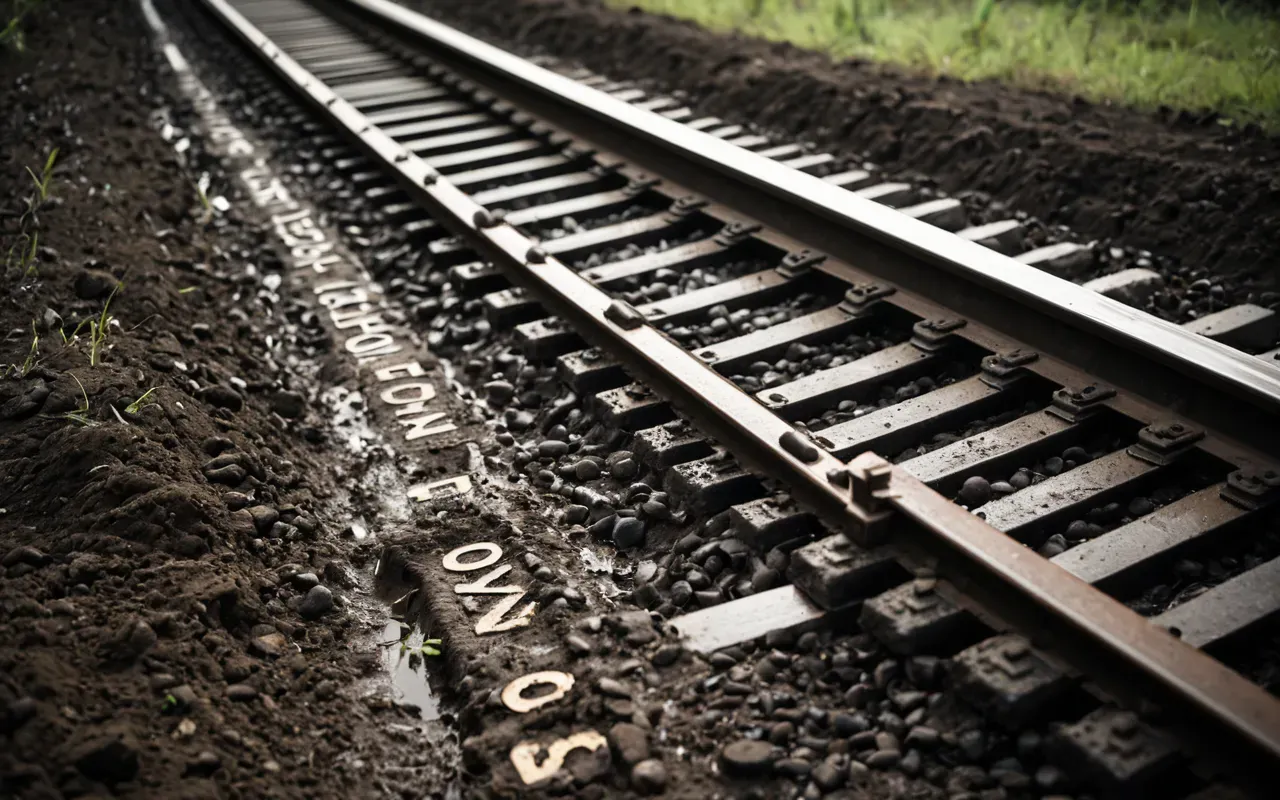 A close up of heavy machine tracks pressing into soft muddy ground with visible pressure marks and displaced soil.