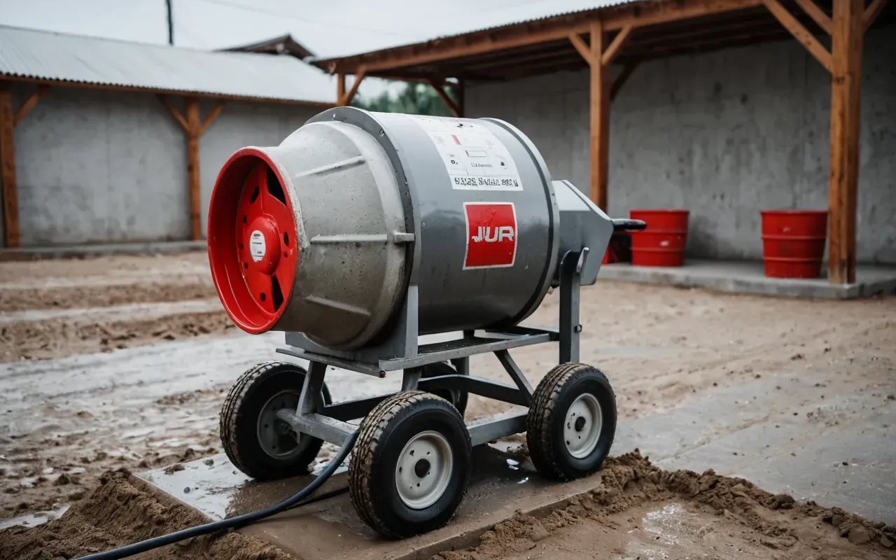 concrete mixing equipment A close up view of a portable electric concrete mixer with red accents sitting on dirt next to wooden forms and wet gray cement slabs in bright daylight.