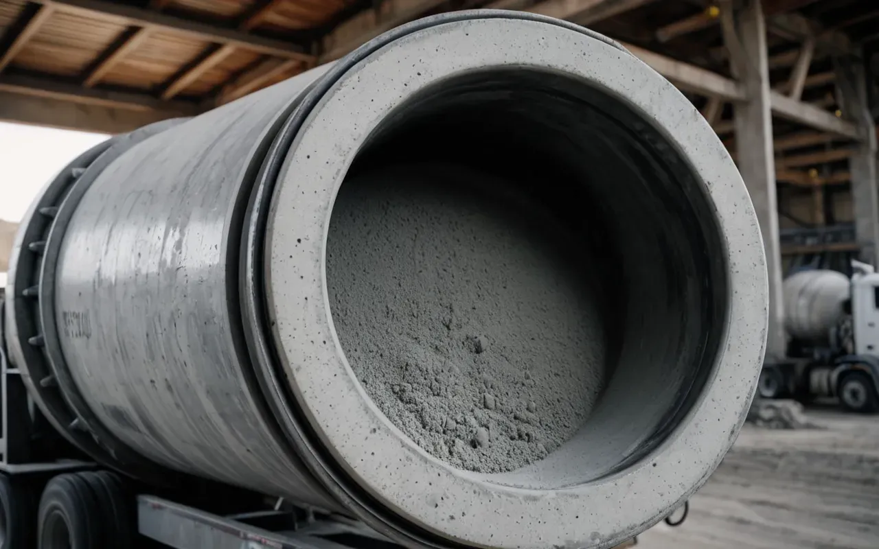 concrete mixing process A close up view of a ready mix concrete truck mixer rotating slowly with fresh gray concrete visible inside the drum.