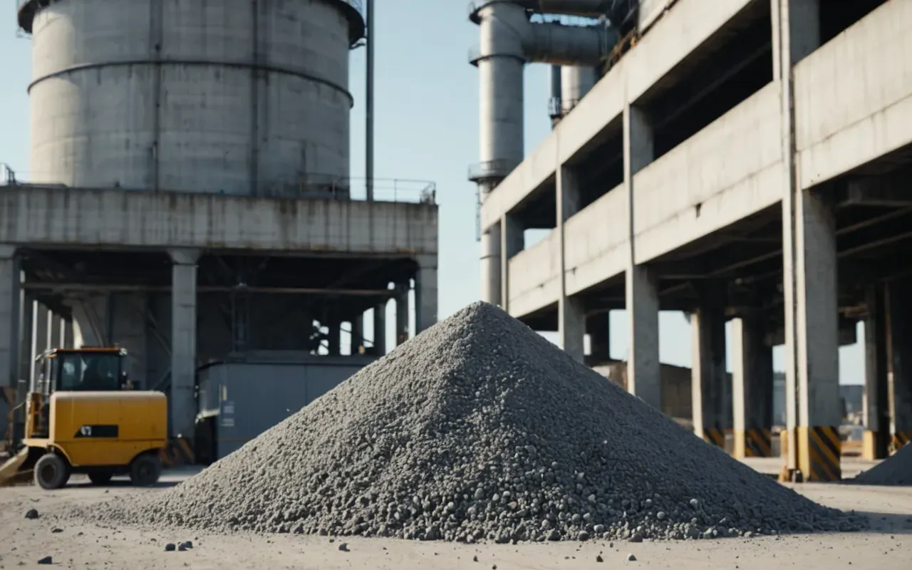 A close up view of fine gray dust particles suspended in the air near a large industrial concrete batching plant under bright daylight with no visible people or text present.