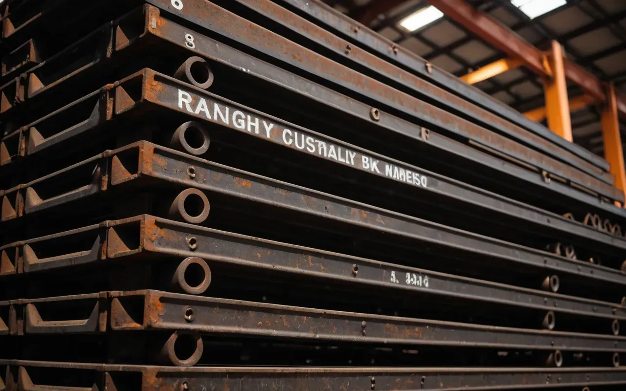 steel raw material storage A close up view of industrial steel beams stacked in a warehouse. The metal has a rusty orange tint and the lighting is dim with shadows falling across the rows.