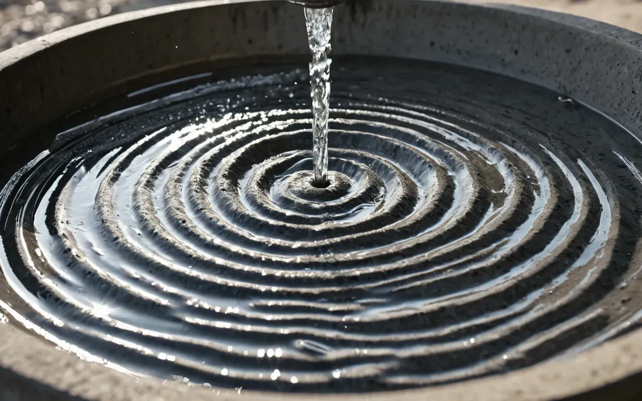 A close-up view of water swirling in a concrete washout basin with grey sludge and ripples reflecting bright daylight without any visible text or signs.
