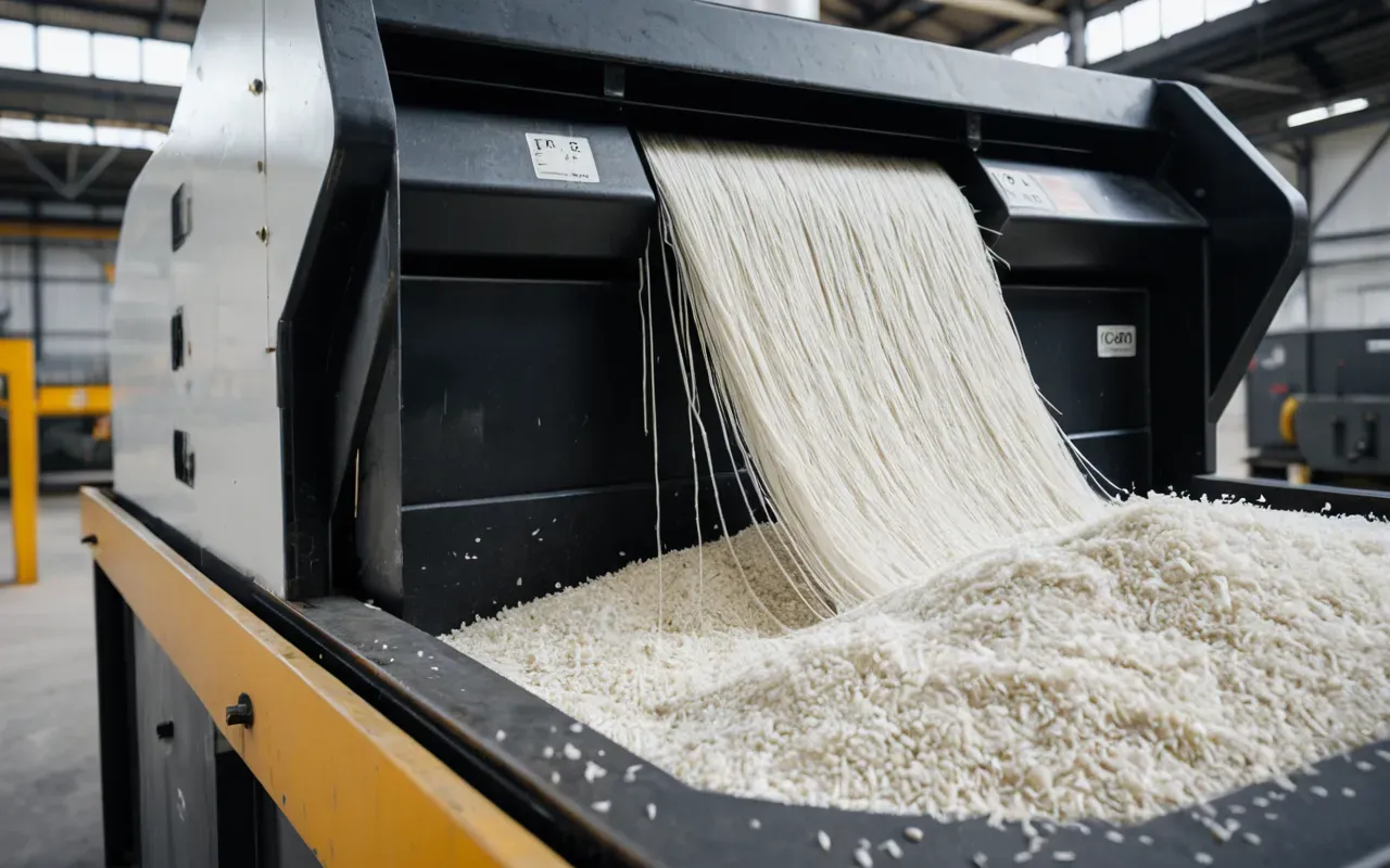 A close up view of white fibrous strands emerging from a heavy industrial shredder mechanism inside a bright modern factory floor with natural light streaming through high windows and no visible text or signage anywhere in the frame.