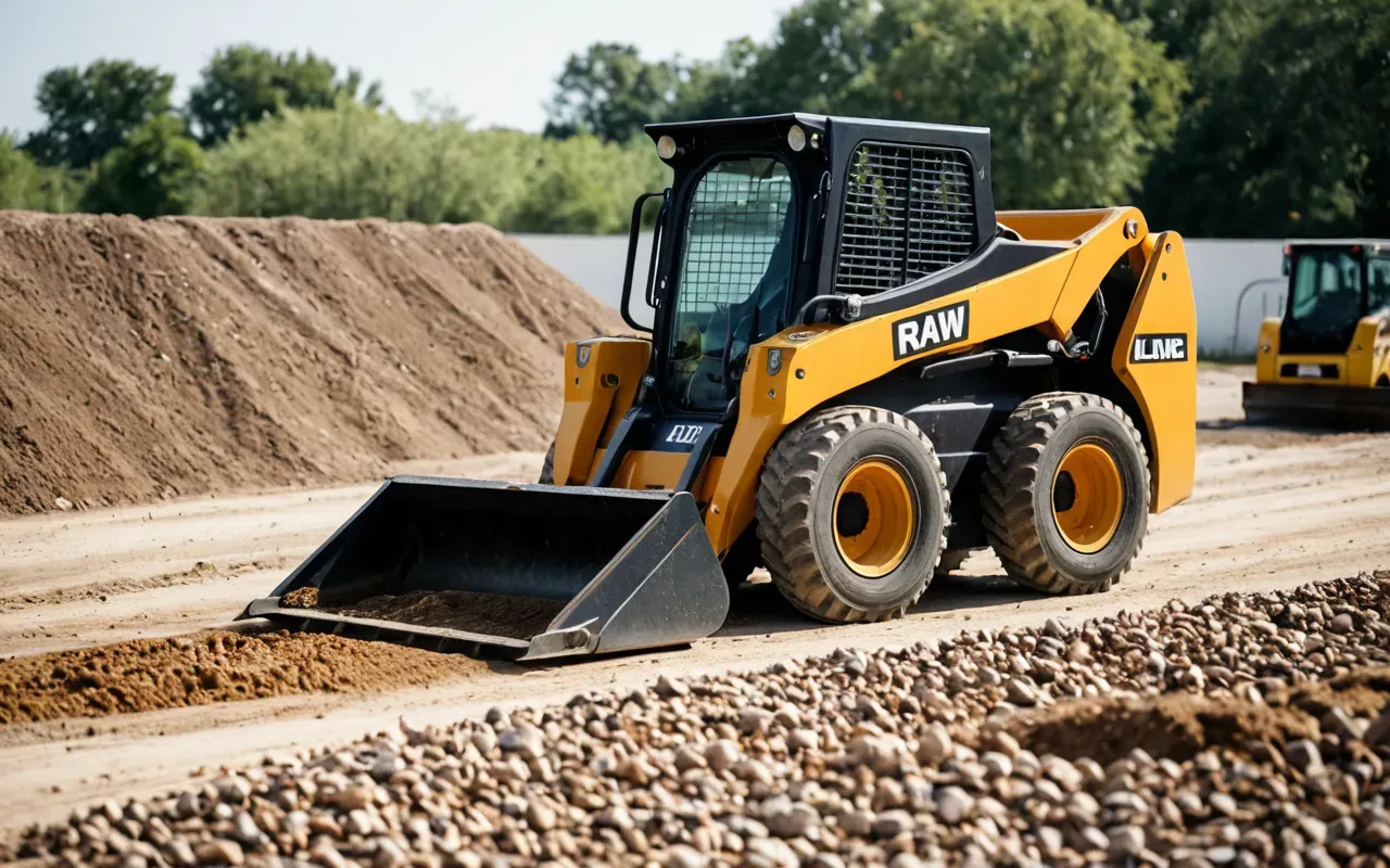 A compact skid steer loader working near the edge of an excavation site with dirt and gravel scattered around in bright daylight.