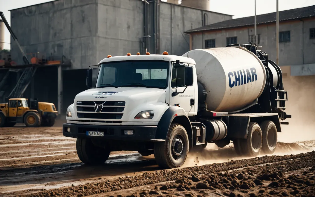 A concrete mixer truck idling in a muddy yard under harsh sunlight with dust particles floating in the air and heavy machinery visible in the background.