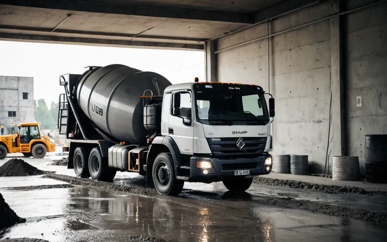 A concrete mixer truck pouring wet gray material into a mold on a construction site with bright daylight and no people or text visible in the immediate foreground.